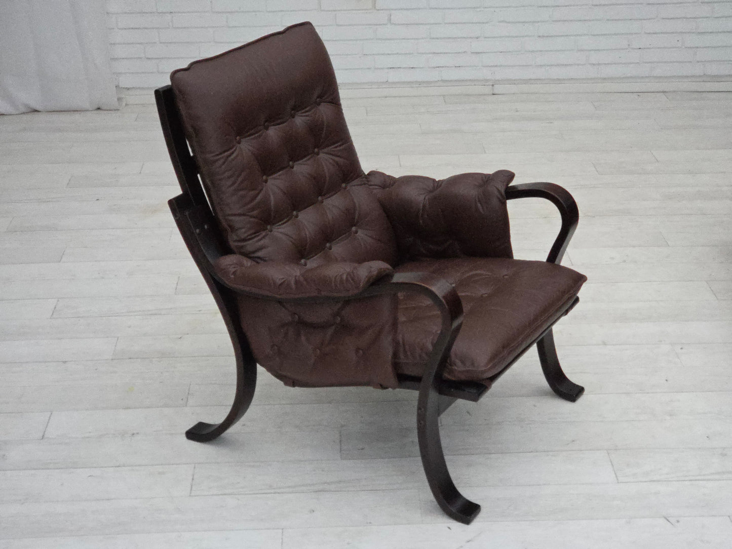 1970s, Scandinavian vintage design, armchair, brown leather, bent wood.