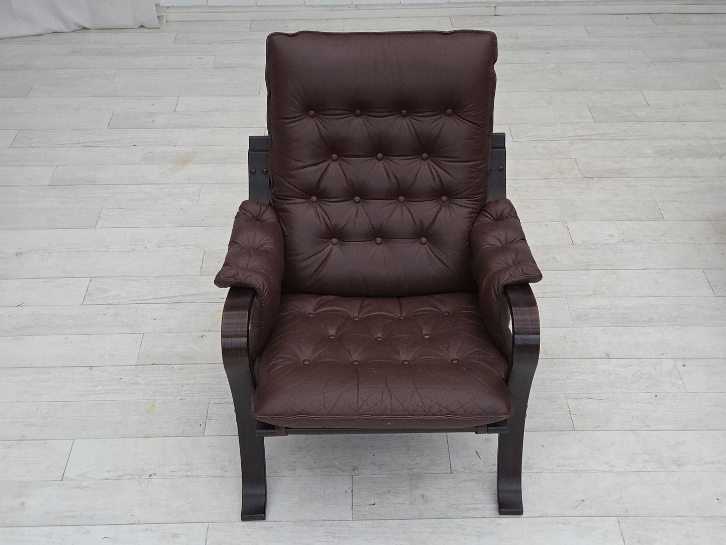 1970s, Scandinavian vintage design, armchair, brown leather, bent wood.