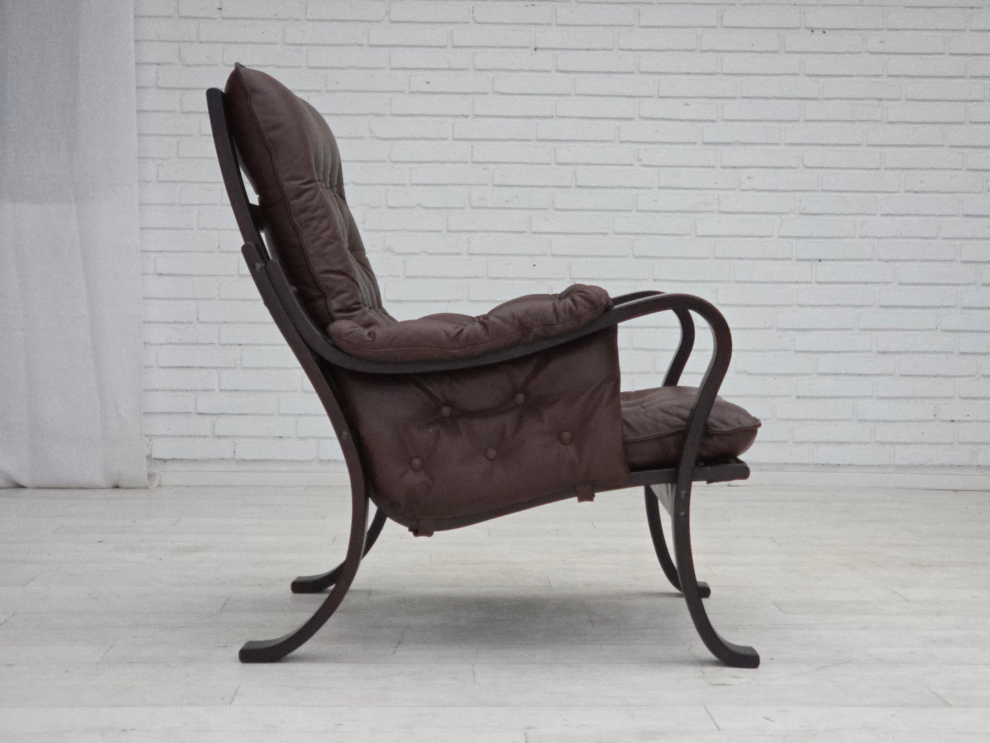 1970s, Scandinavian vintage design, armchair, brown leather, bent wood.