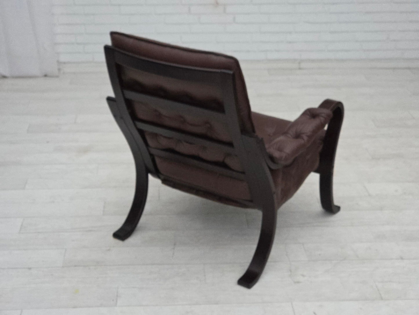 1970s, Scandinavian vintage design, armchair, brown leather, bent wood.