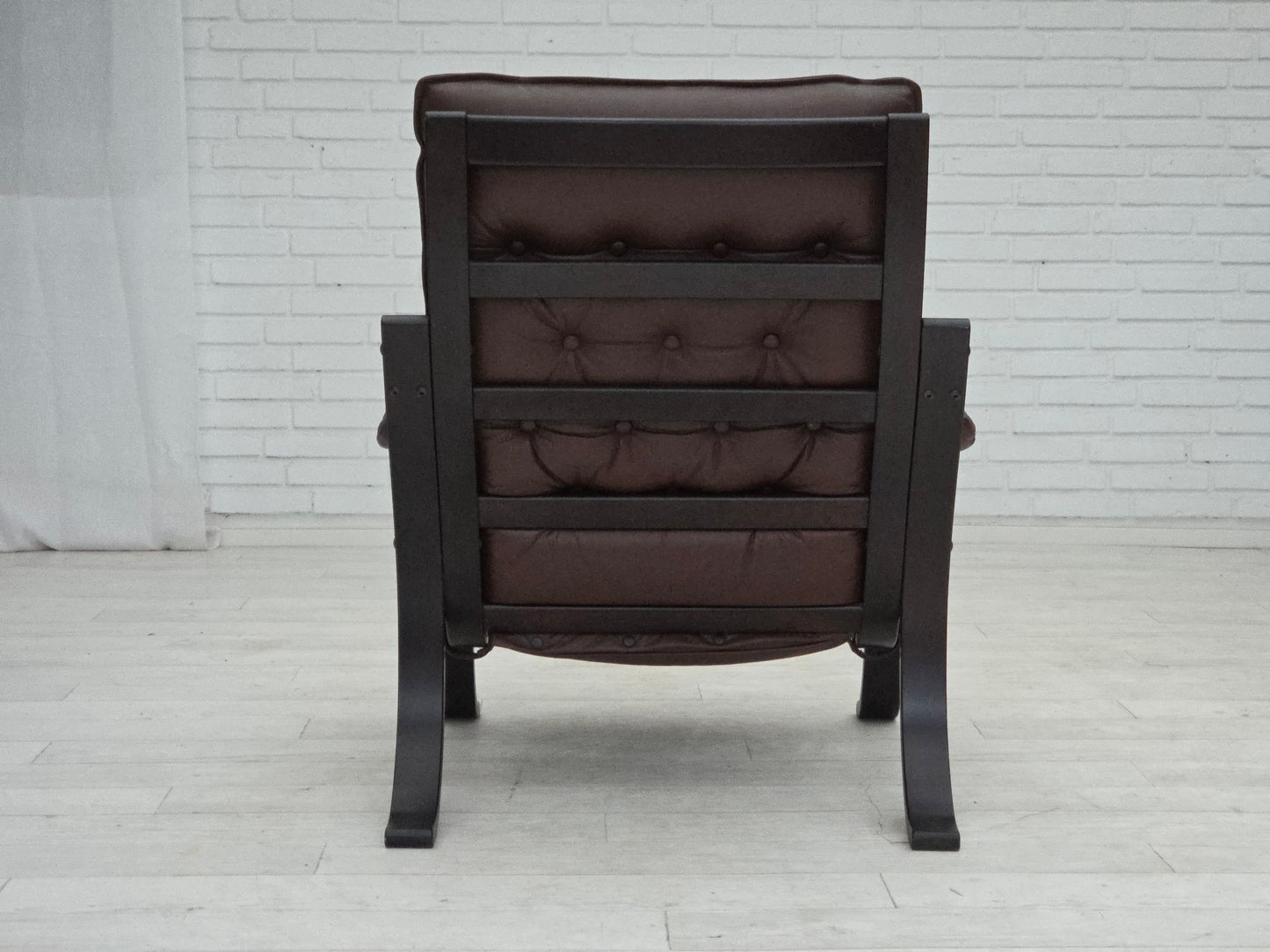 1970s, Scandinavian vintage design, armchair, brown leather, bent wood.