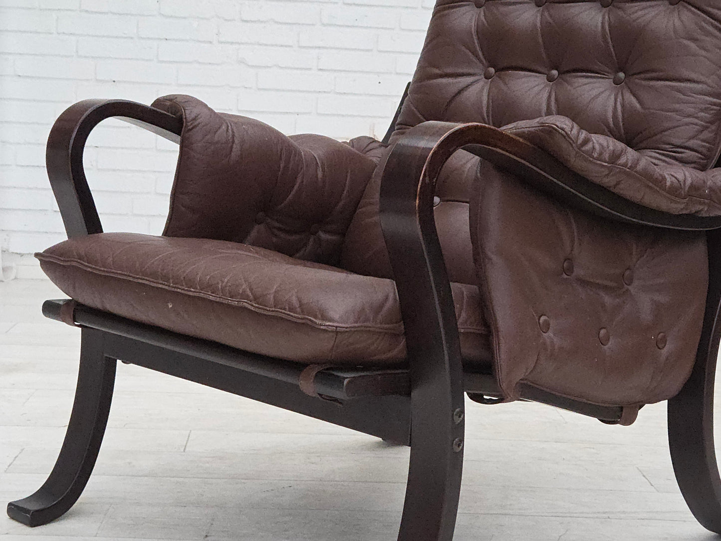 1970s, Scandinavian vintage design, armchair, brown leather, bent wood.