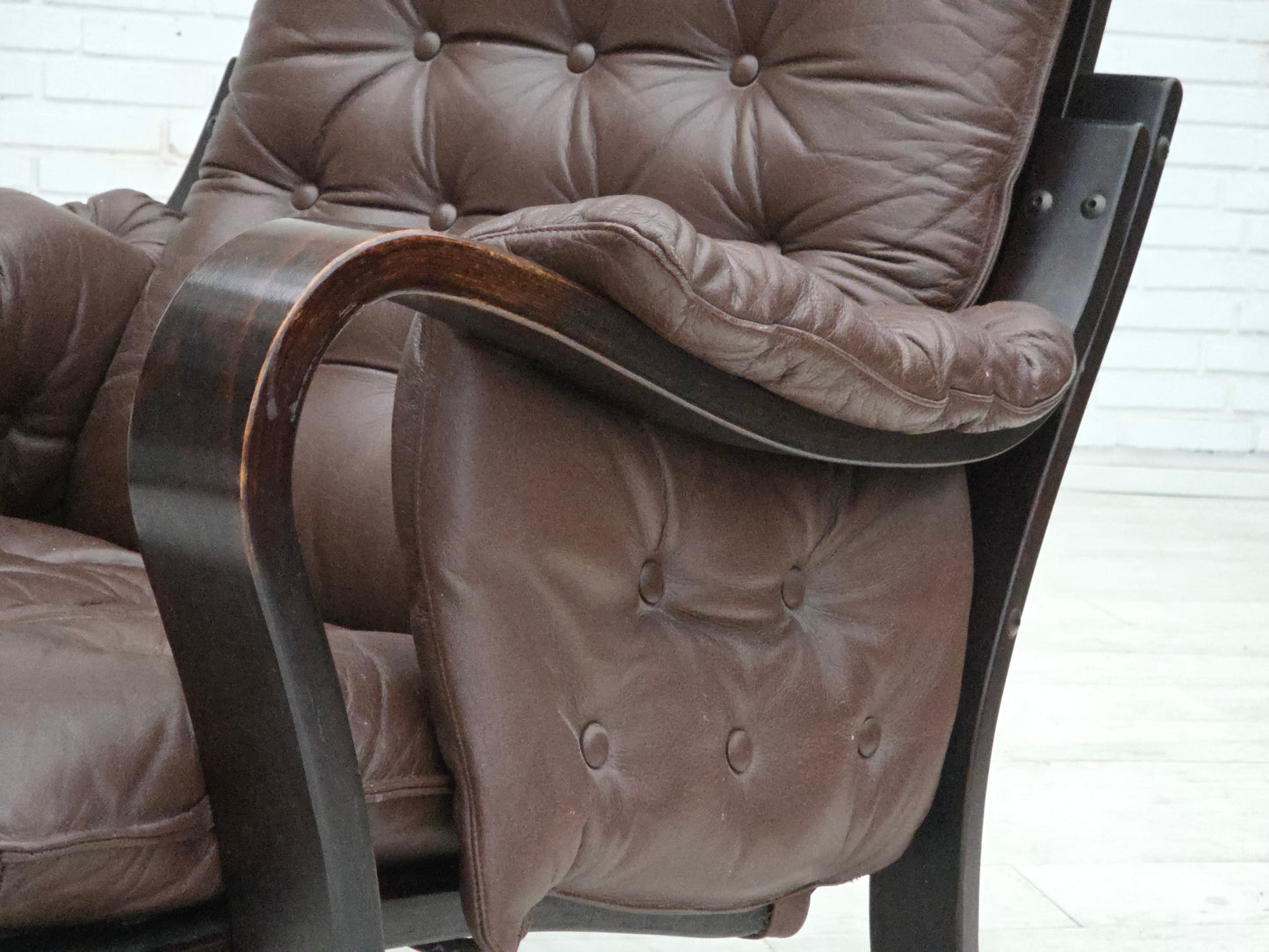 1970s, Scandinavian vintage design, armchair, brown leather, bent wood.