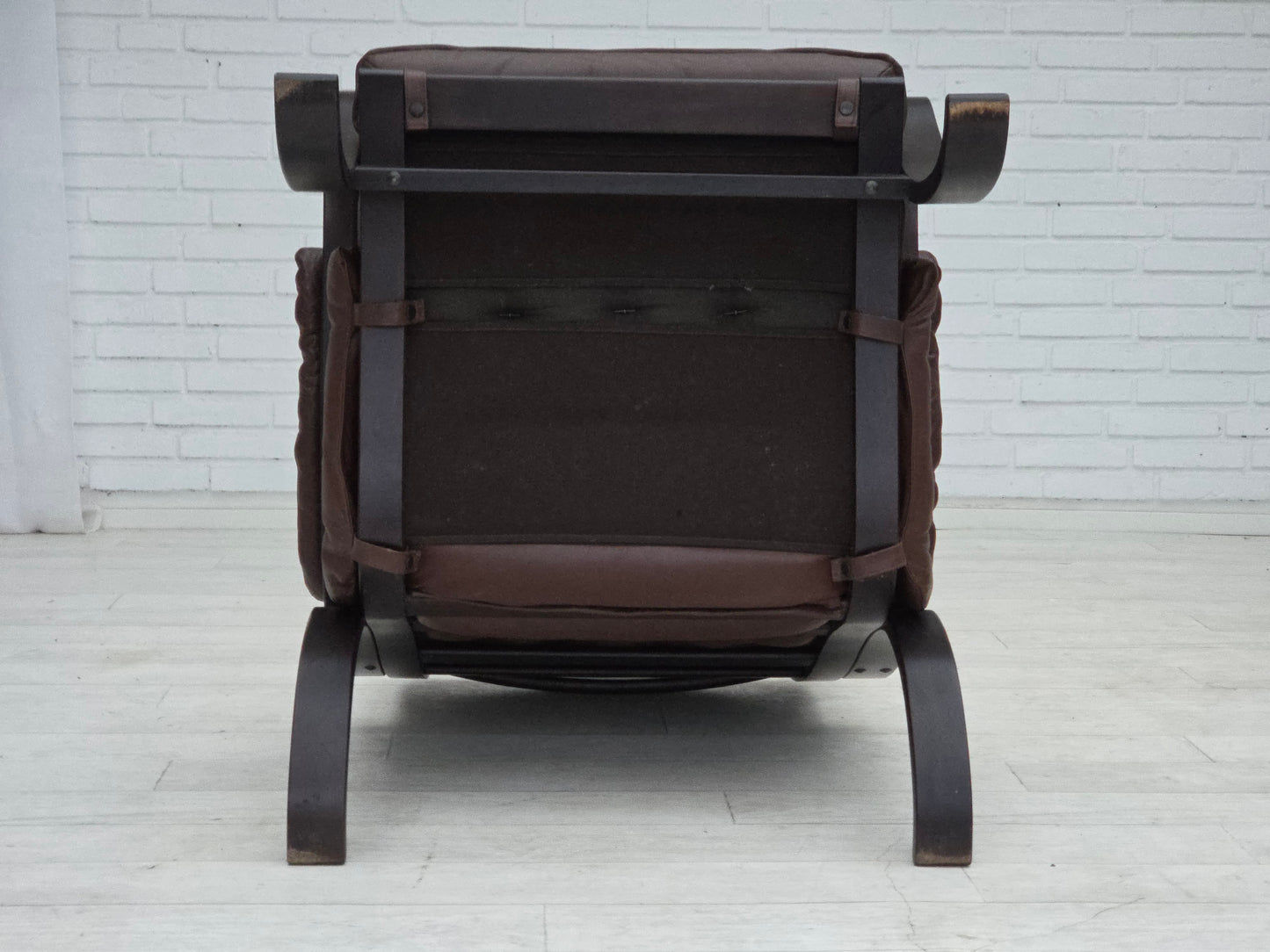 1970s, Scandinavian vintage design, armchair, brown leather, bent wood.