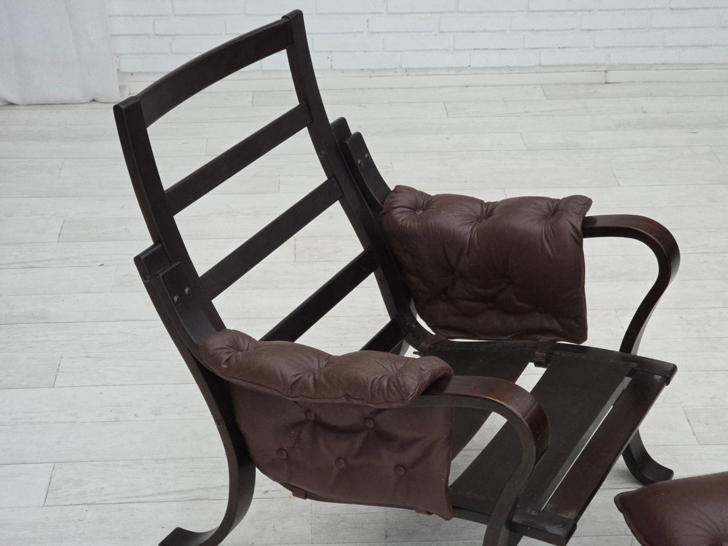 1970s, Scandinavian vintage design, armchair, brown leather, bent wood.