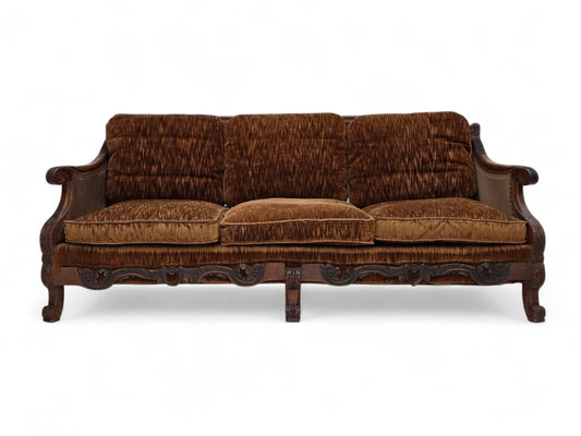 1930-35s, Danish 3-seater sofa, furniture velour, furniture mesh, carved ash wood.