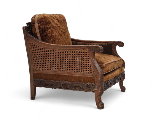 1930-35s, Danish armchair, furniture velour, furniture mesh, carved ash wood.