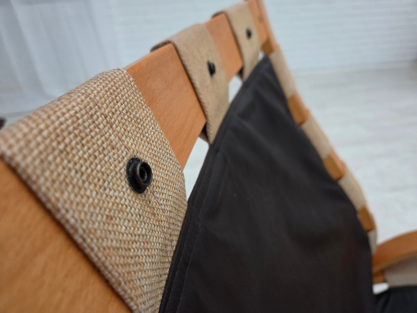 1970s, Norwegian armchair, model "Kengu", beige furniture leather.