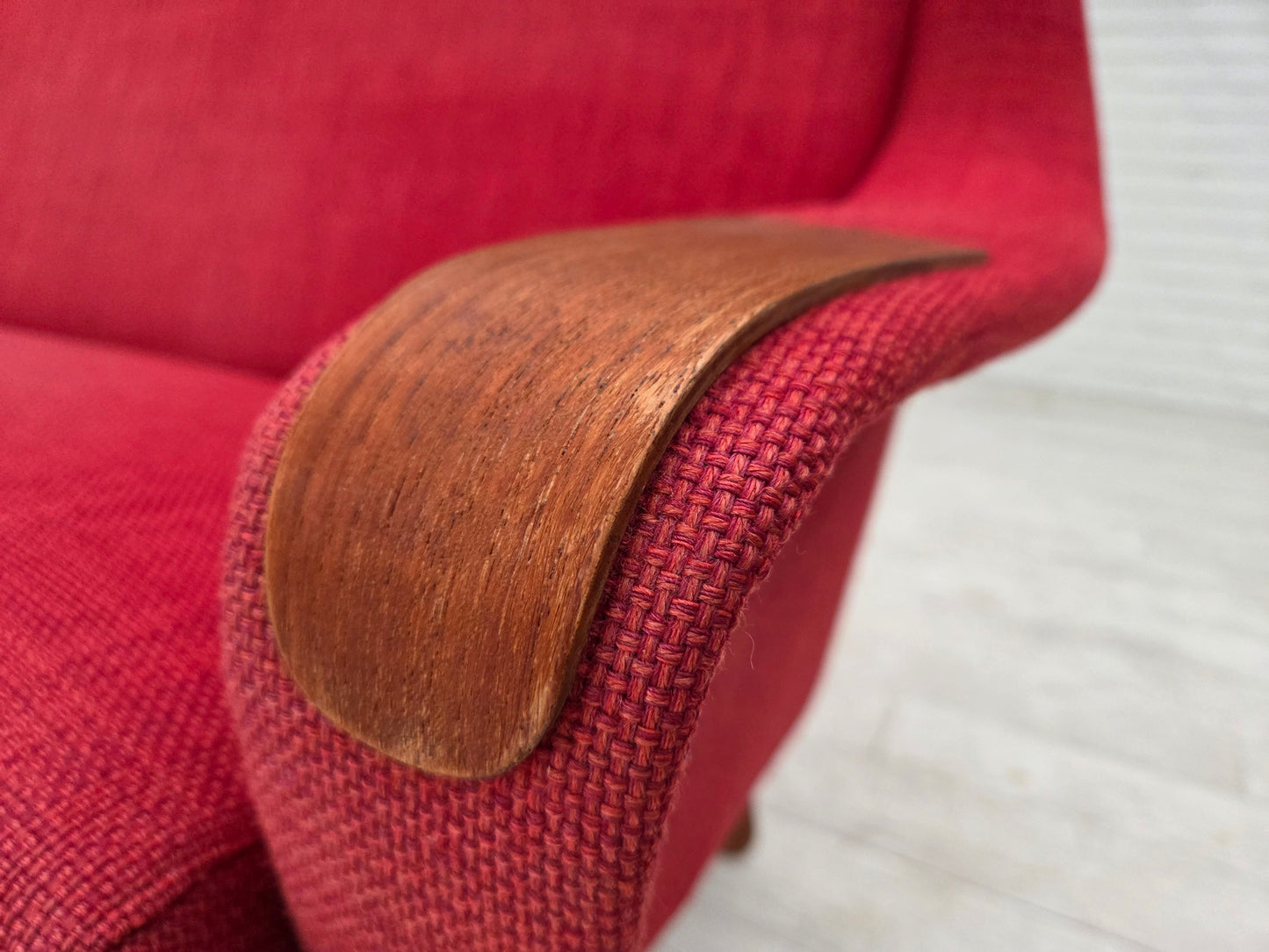 1970s, Danish 2-seater sofa, furniture fabric, teak wood.