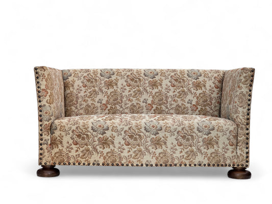 1950s, Danish 2-seater sofa, beige/ brown furniture fabric, oak wood.