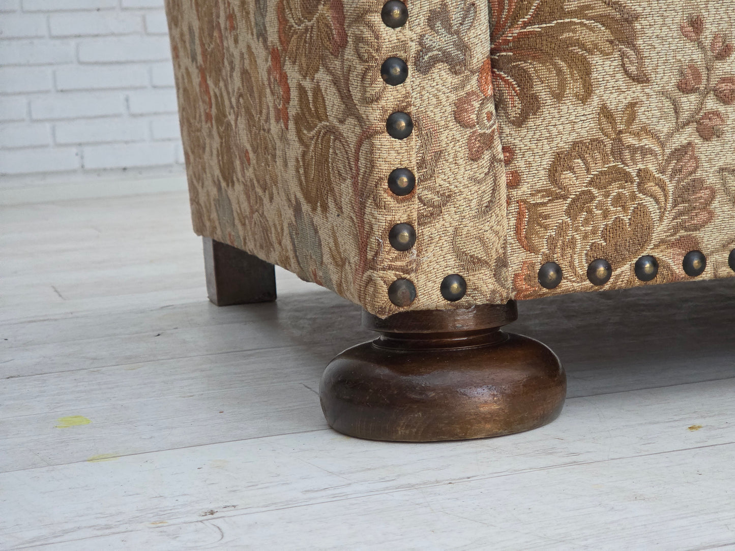 1950s, Danish 2-seater sofa, beige/ brown furniture fabric, oak wood.