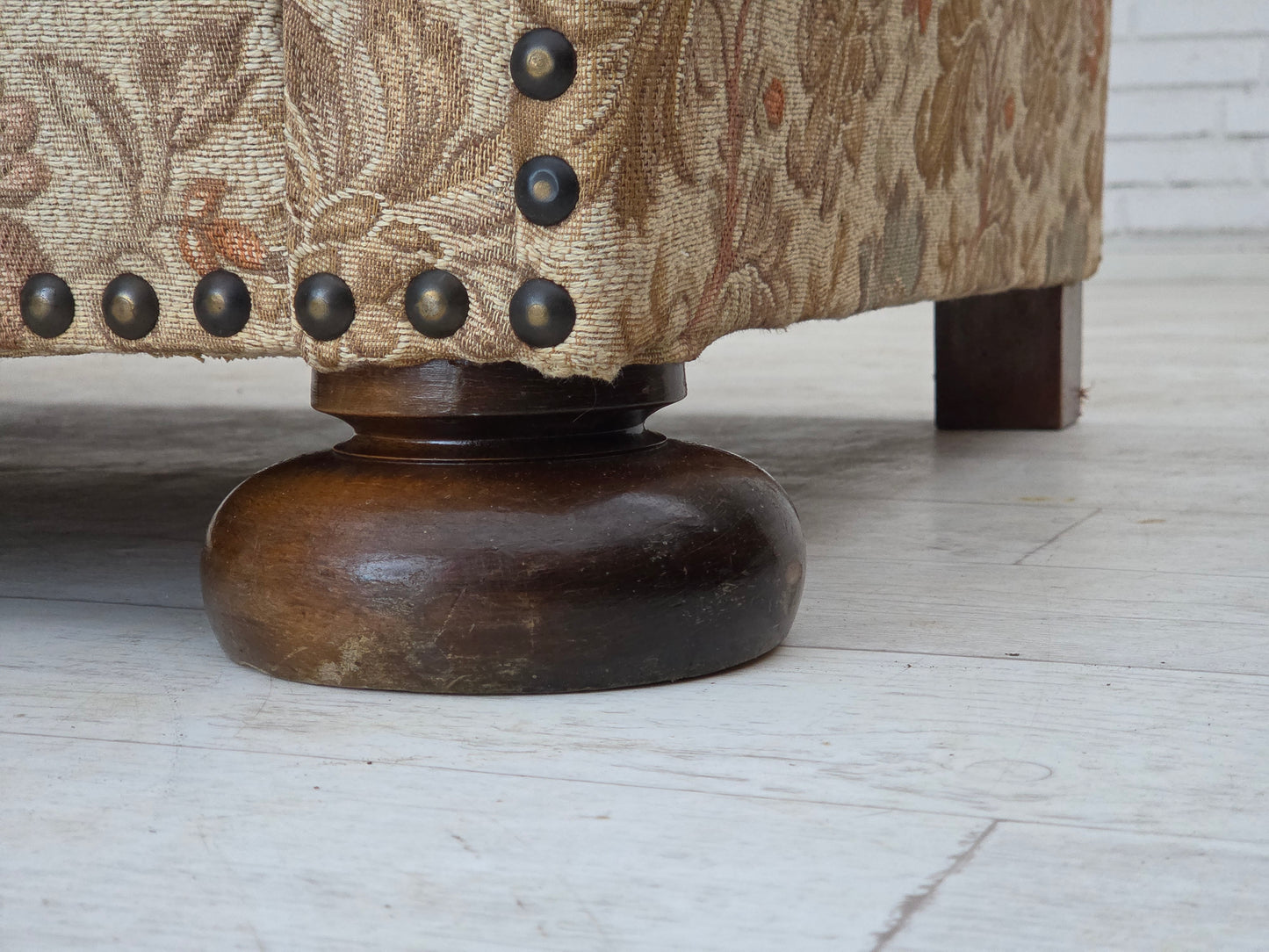 1950s, Danish 2-seater sofa, beige/ brown furniture fabric, oak wood.