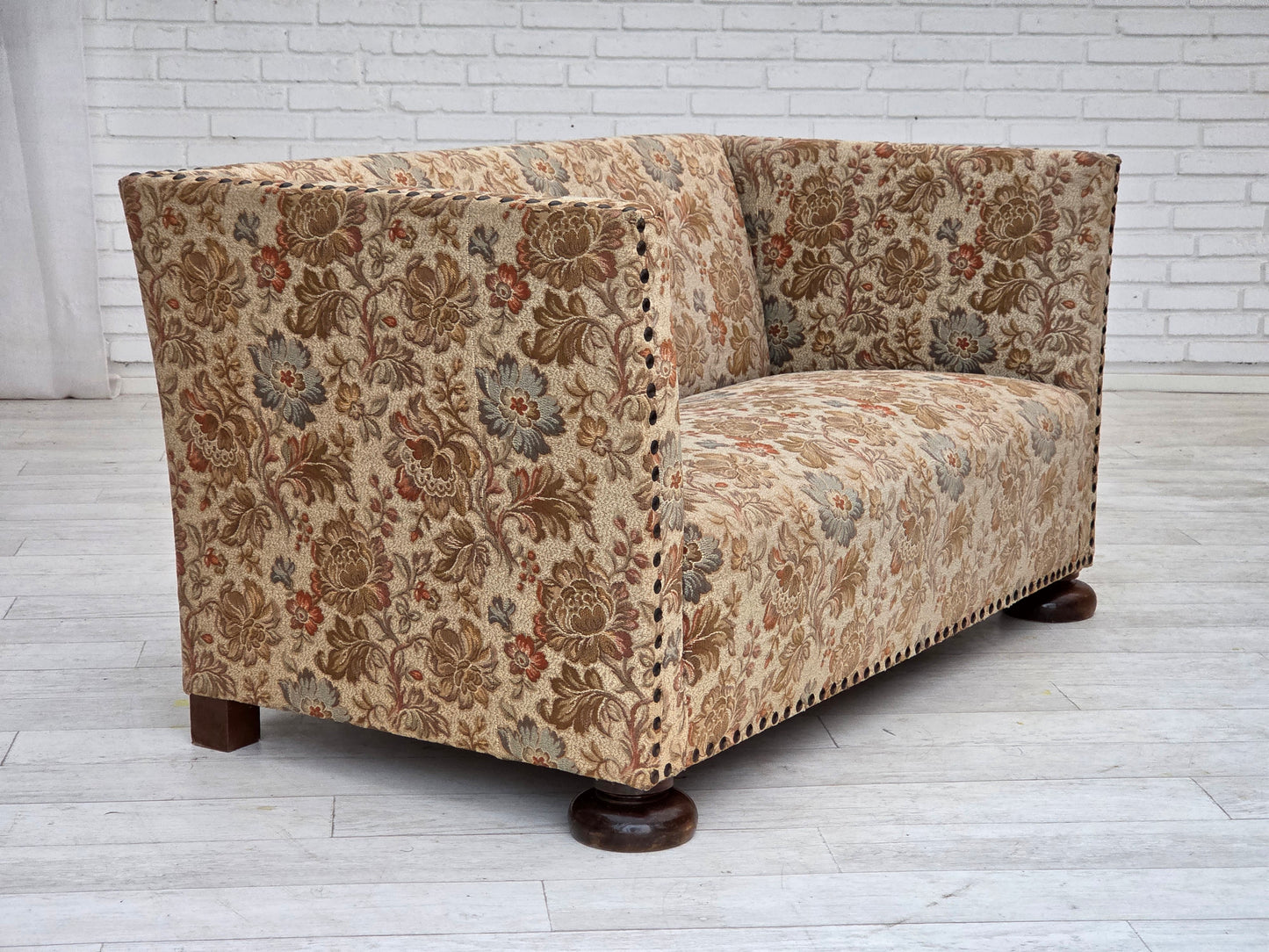 1950s, Danish 2-seater sofa, beige/ brown furniture fabric, oak wood.