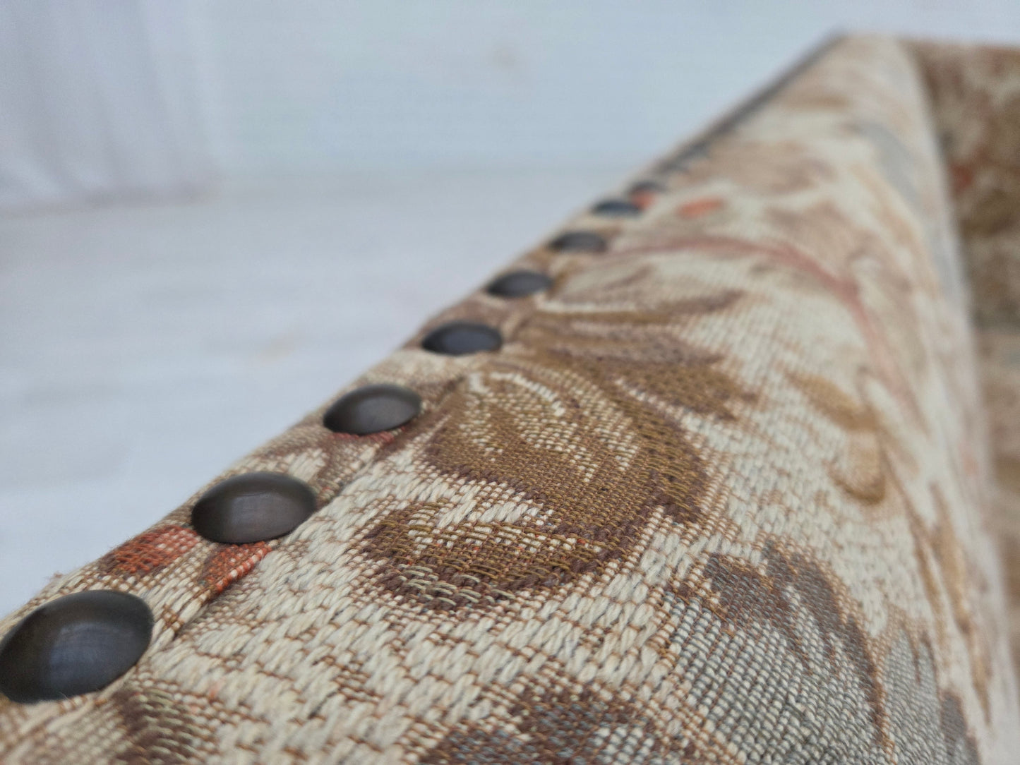 1950s, Danish 2-seater sofa, beige/ brown furniture fabric, oak wood.