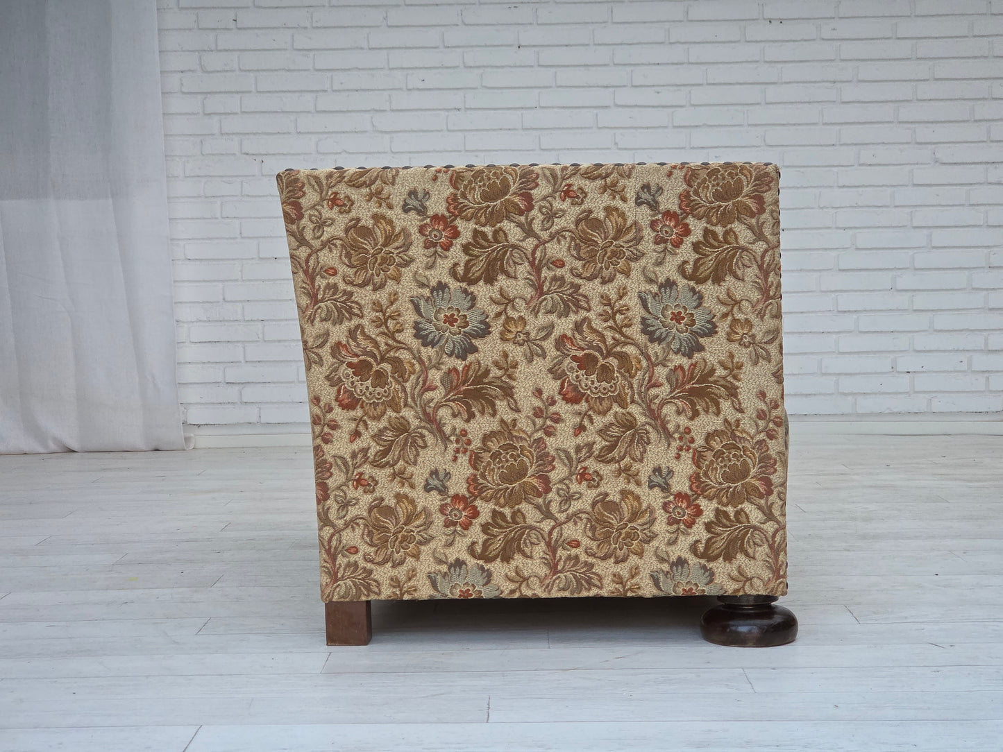 1950s, Danish 2-seater sofa, beige/ brown furniture fabric, oak wood.