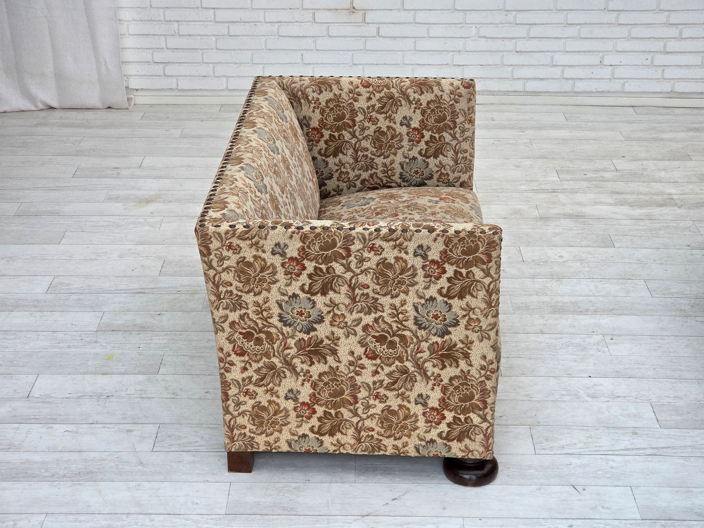 1950s, Danish 2-seater sofa, beige/ brown furniture fabric, oak wood.