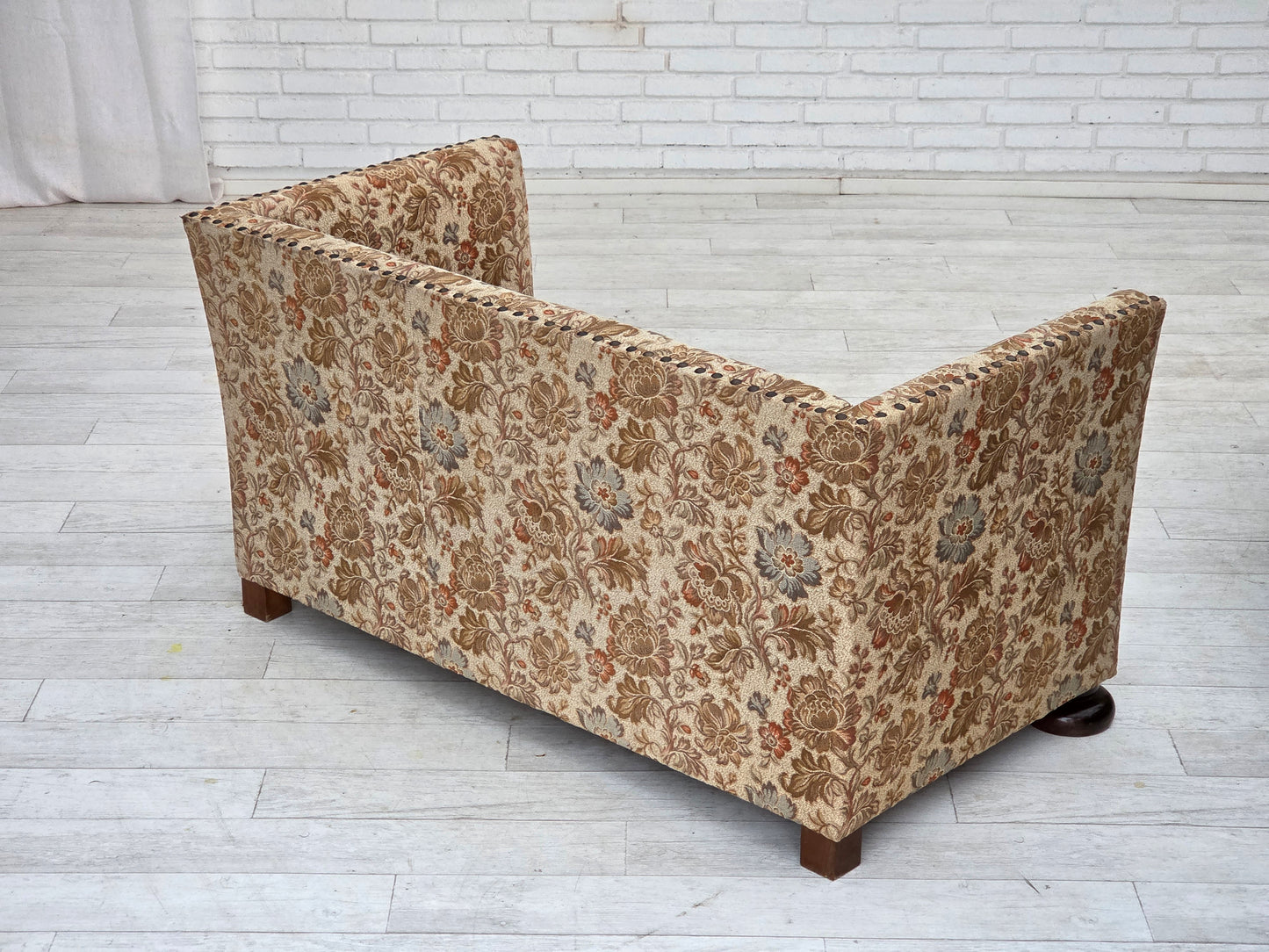 1950s, Danish 2-seater sofa, beige/ brown furniture fabric, oak wood.