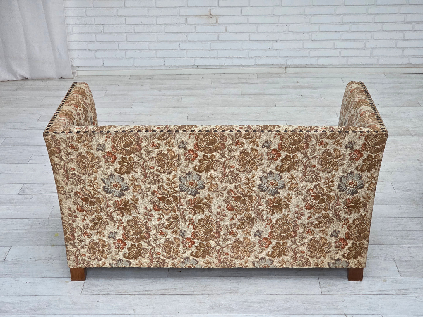 1950s, Danish 2-seater sofa, beige/ brown furniture fabric, oak wood.