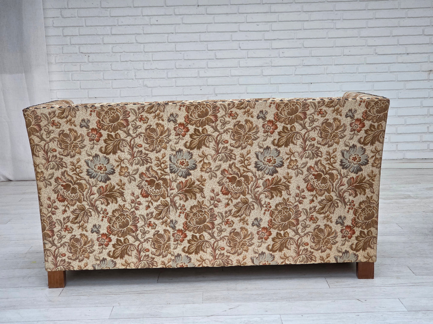 1950s, Danish 2-seater sofa, beige/ brown furniture fabric, oak wood.