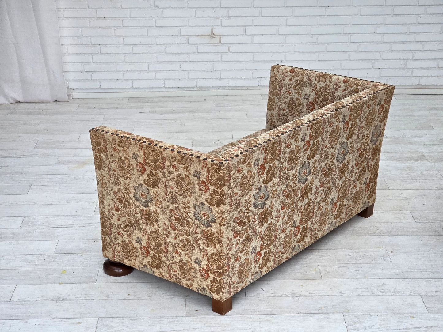 1950s, Danish 2-seater sofa, beige/ brown furniture fabric, oak wood.