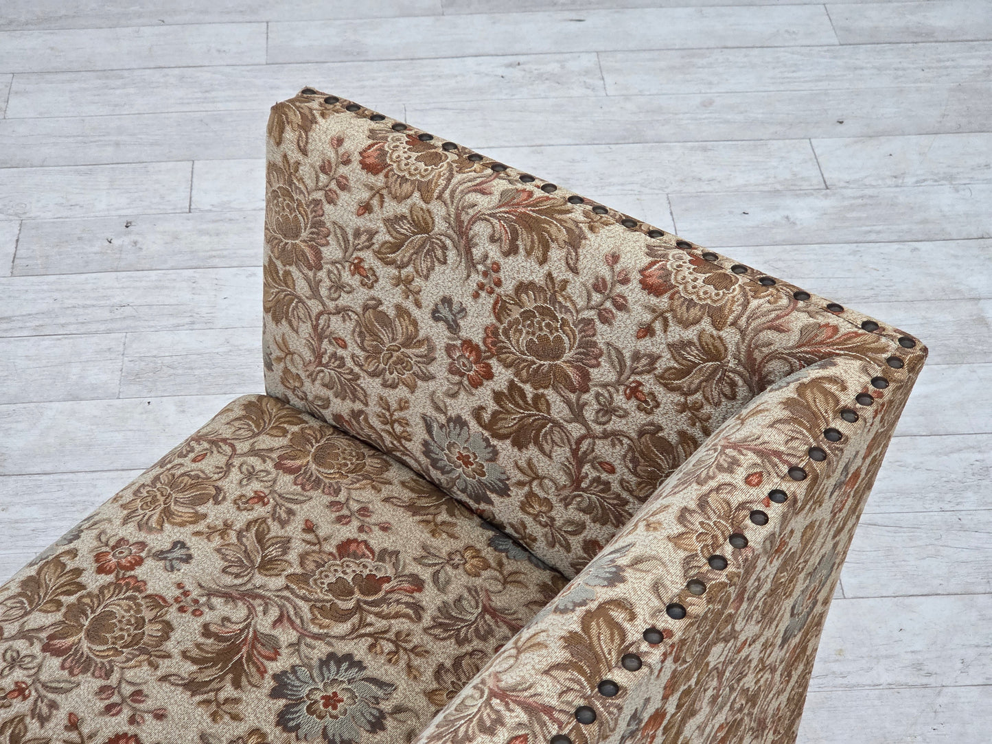 1950s, Danish 2-seater sofa, beige/ brown furniture fabric, oak wood.