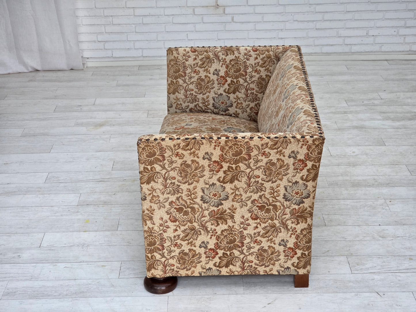 1950s, Danish 2-seater sofa, beige/ brown furniture fabric, oak wood.