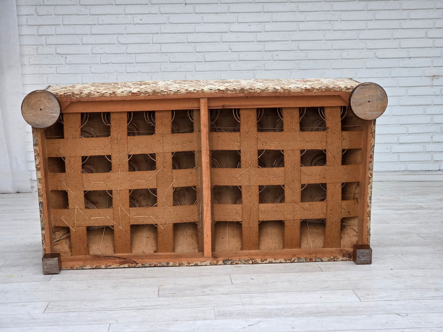 1950s, Danish 2-seater sofa, beige/ brown furniture fabric, oak wood.