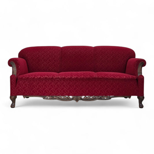 1950s, Danish 3-seater sofa, red and light grey furniture wool, carved oak wood.
