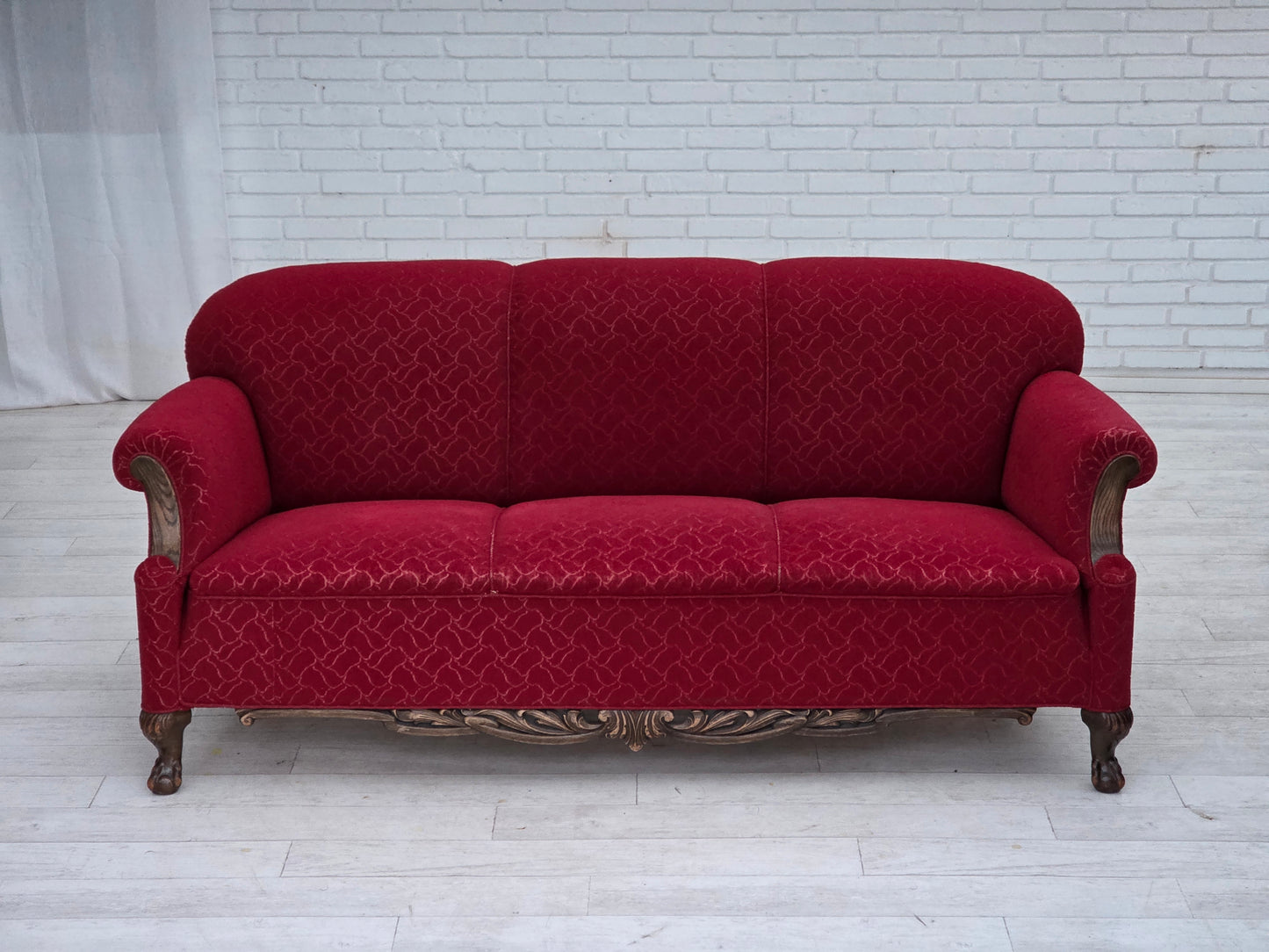 1950s, Danish 3-seater sofa, red and light grey furniture wool, carved oak wood.