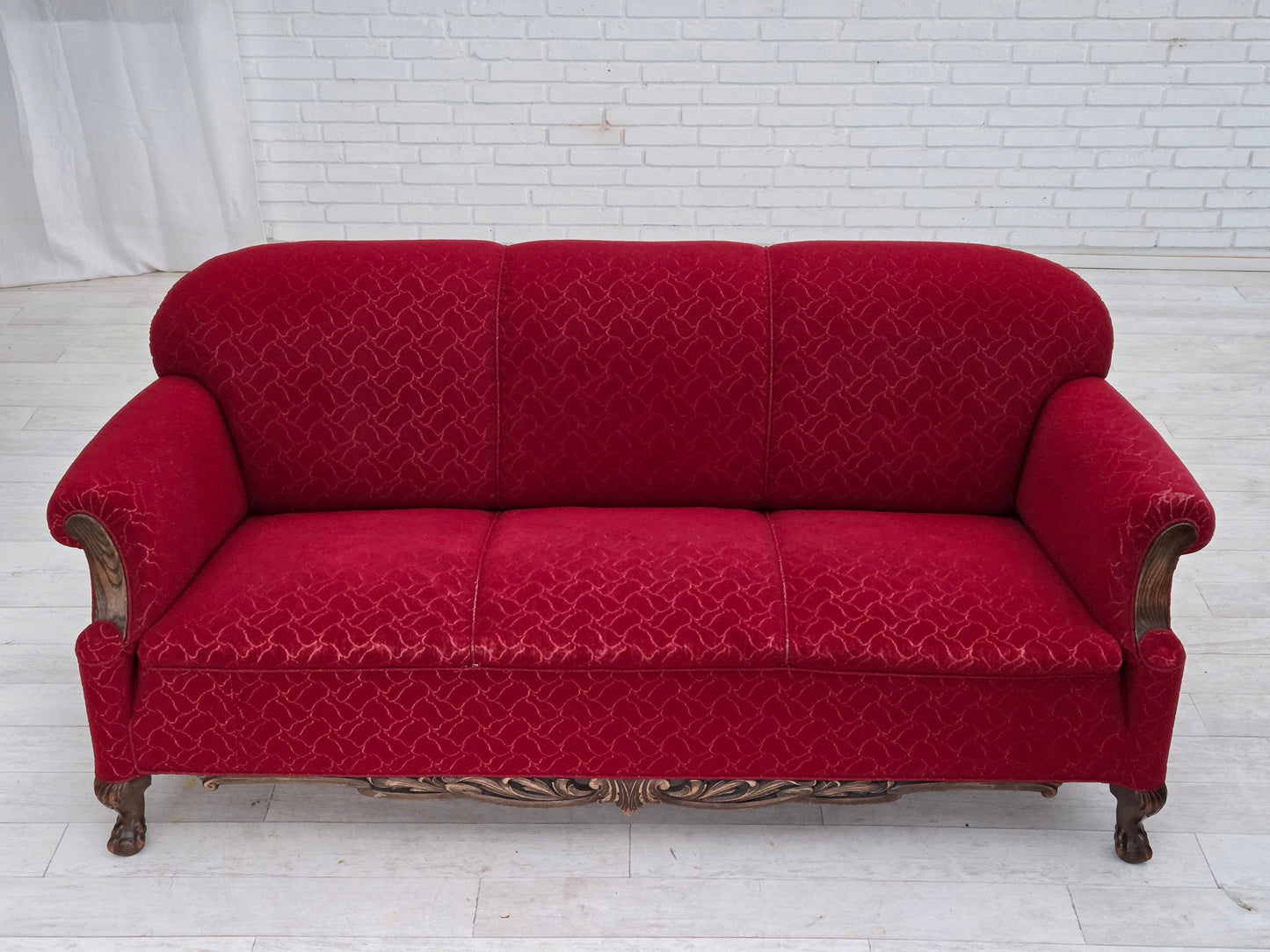 1950s, Danish 3-seater sofa, red and light grey furniture wool, carved oak wood.