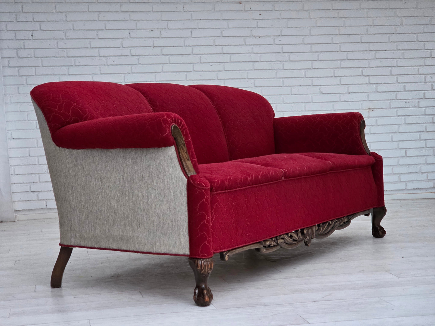 1950s, Danish 3-seater sofa, red and light grey furniture wool, carved oak wood.