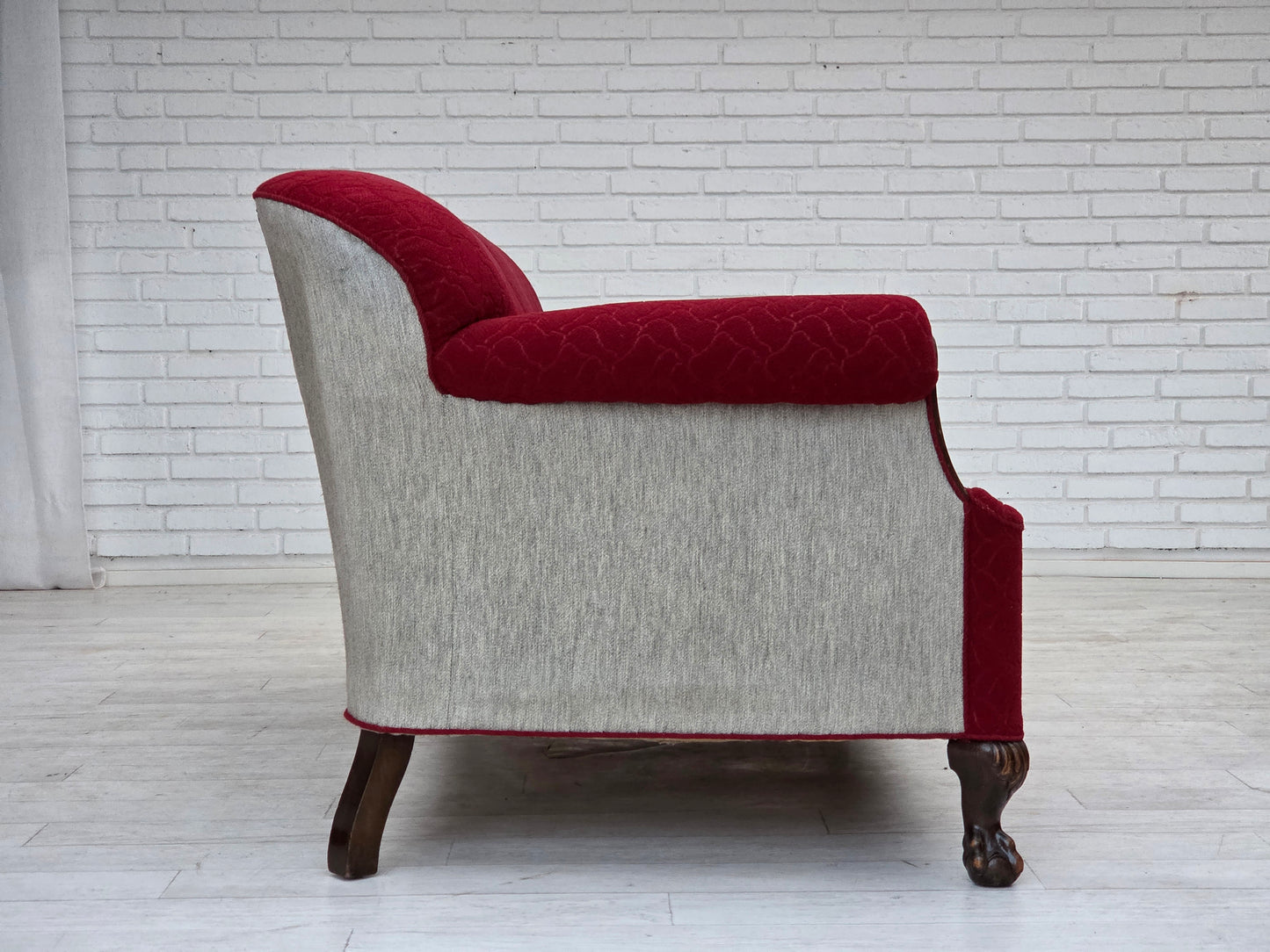 1950s, Danish 3-seater sofa, red and light grey furniture wool, carved oak wood.