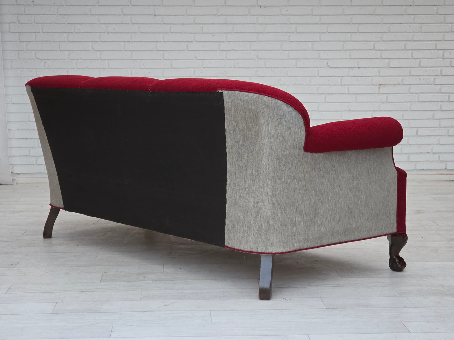 1950s, Danish 3-seater sofa, red and light grey furniture wool, carved oak wood.