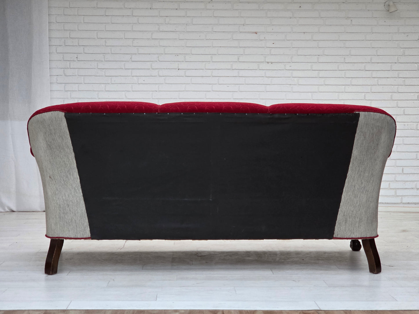 1950s, Danish 3-seater sofa, red and light grey furniture wool, carved oak wood.