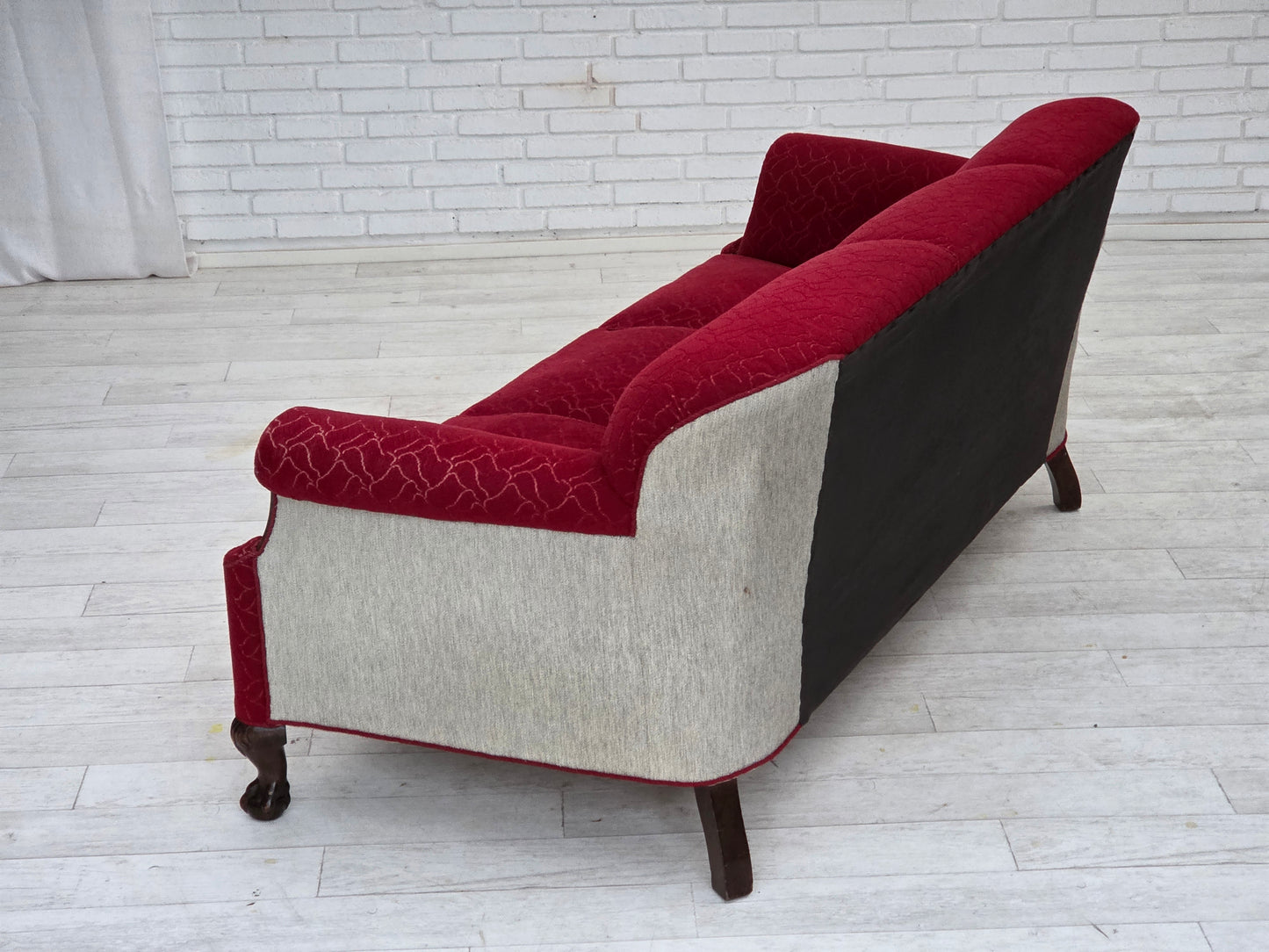 1950s, Danish 3-seater sofa, red and light grey furniture wool, carved oak wood.