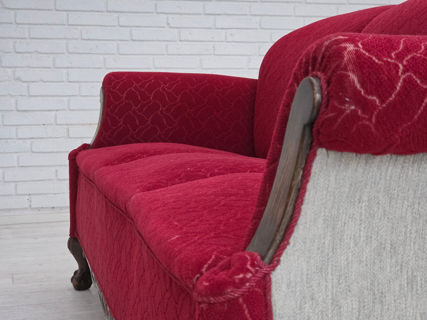 1950s, Danish 3-seater sofa, red and light grey furniture wool, carved oak wood.
