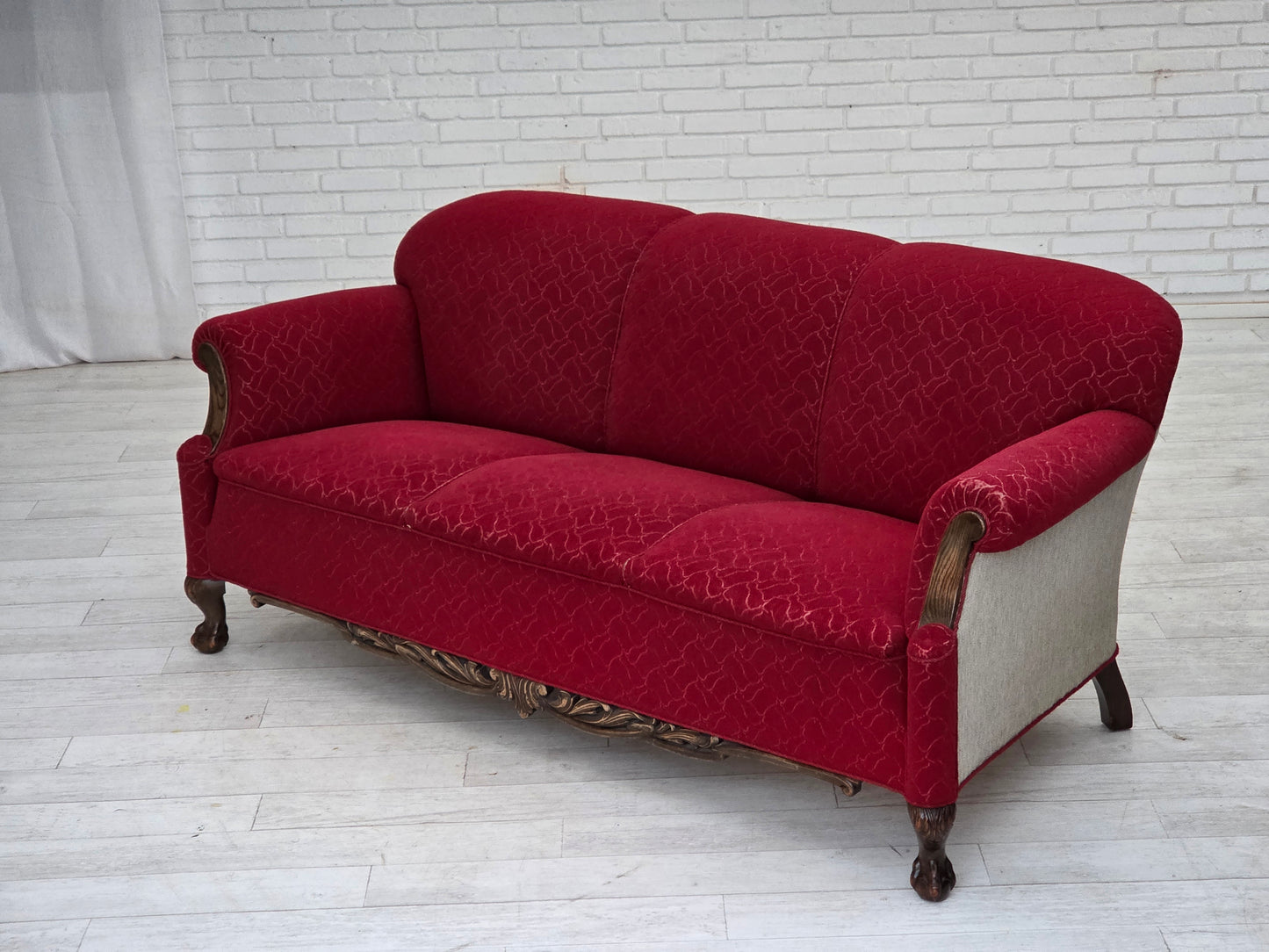 1950s, Danish 3-seater sofa, red and light grey furniture wool, carved oak wood.