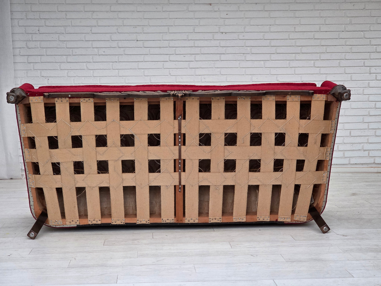 1950s, Danish 3-seater sofa, red and light grey furniture wool, carved oak wood.