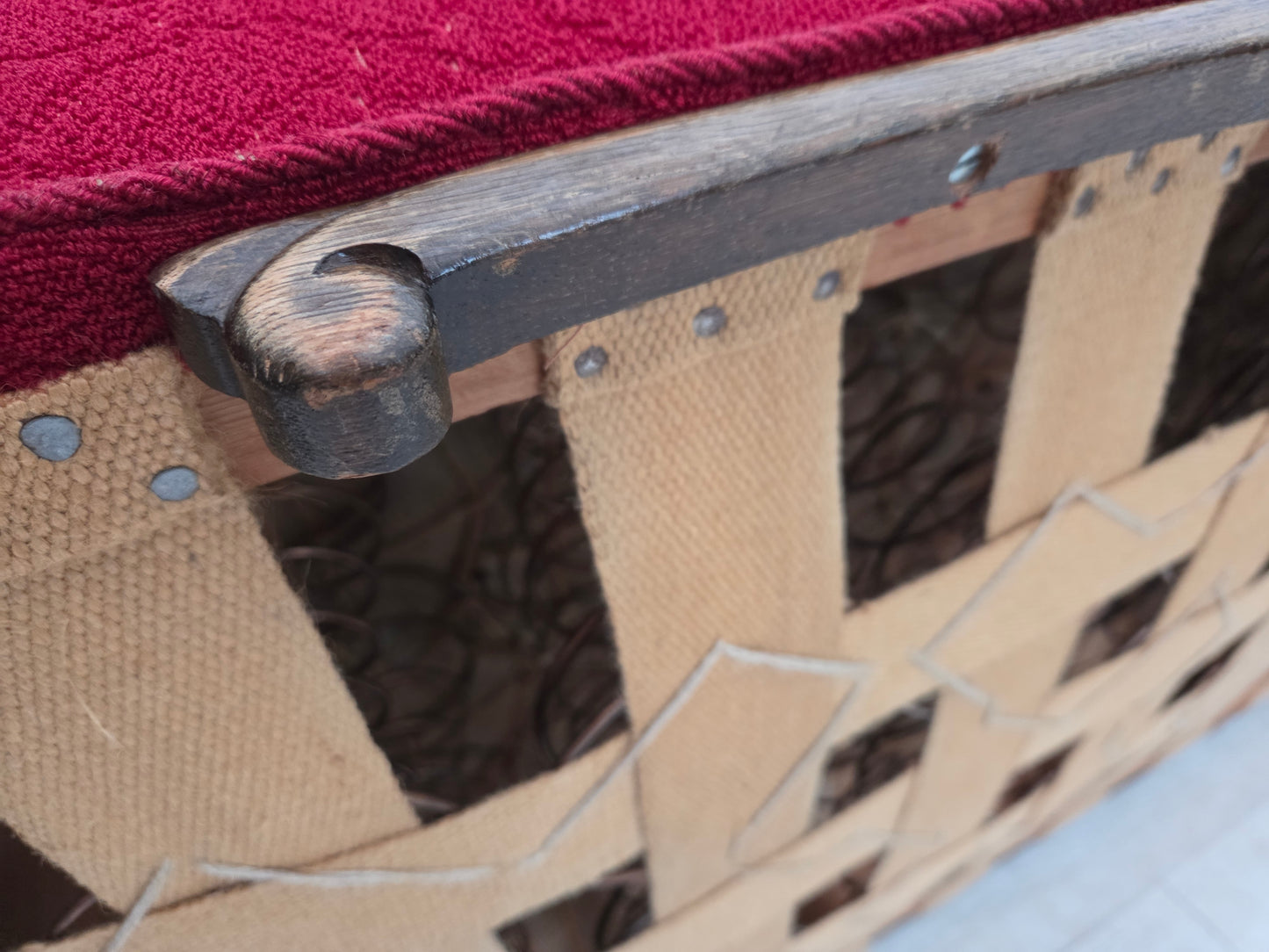 1950s, Danish 3-seater sofa, red and light grey furniture wool, carved oak wood.