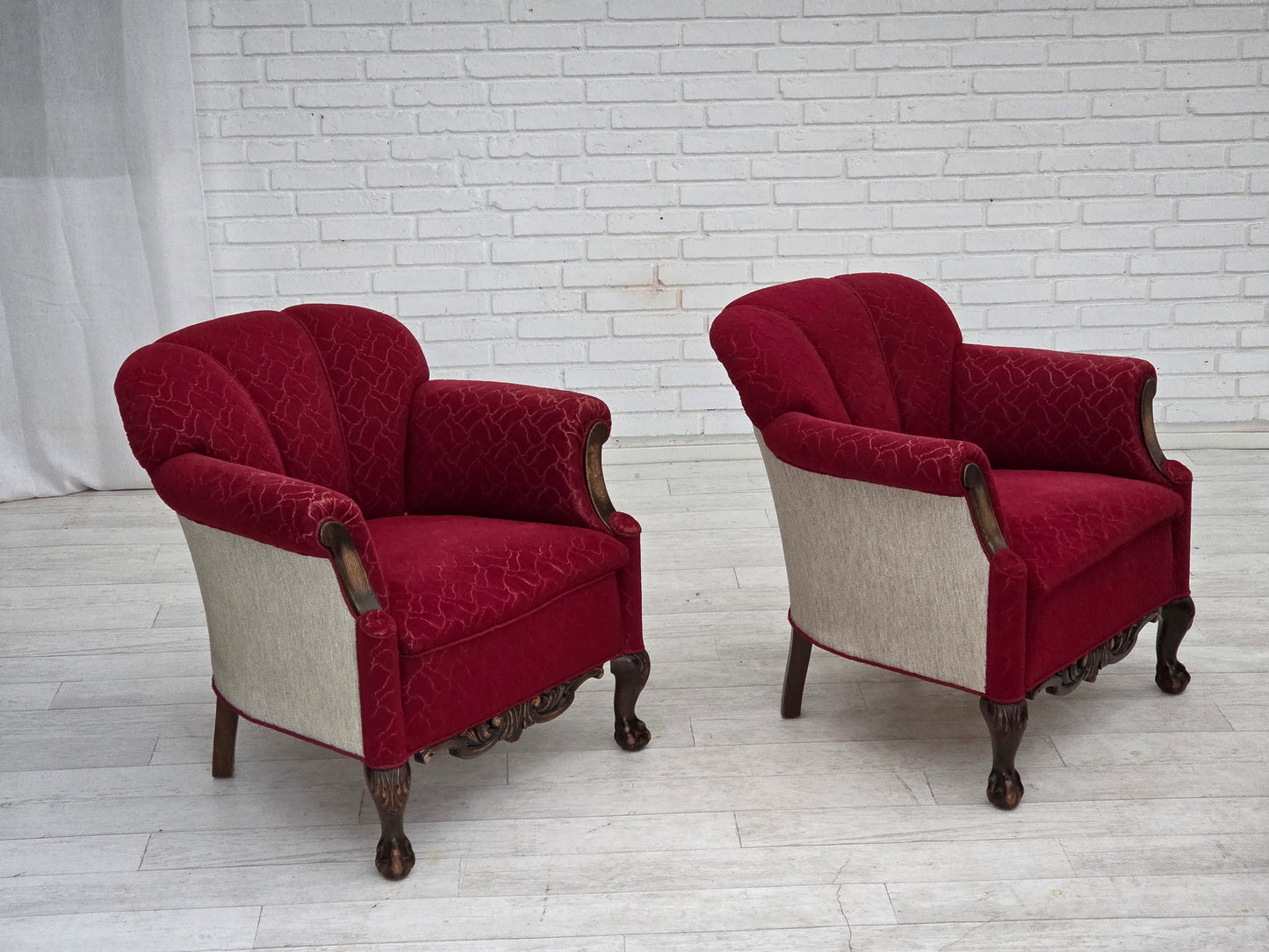 1950s, Danish armchair, red and light grey furniture wool, carved oak wood.