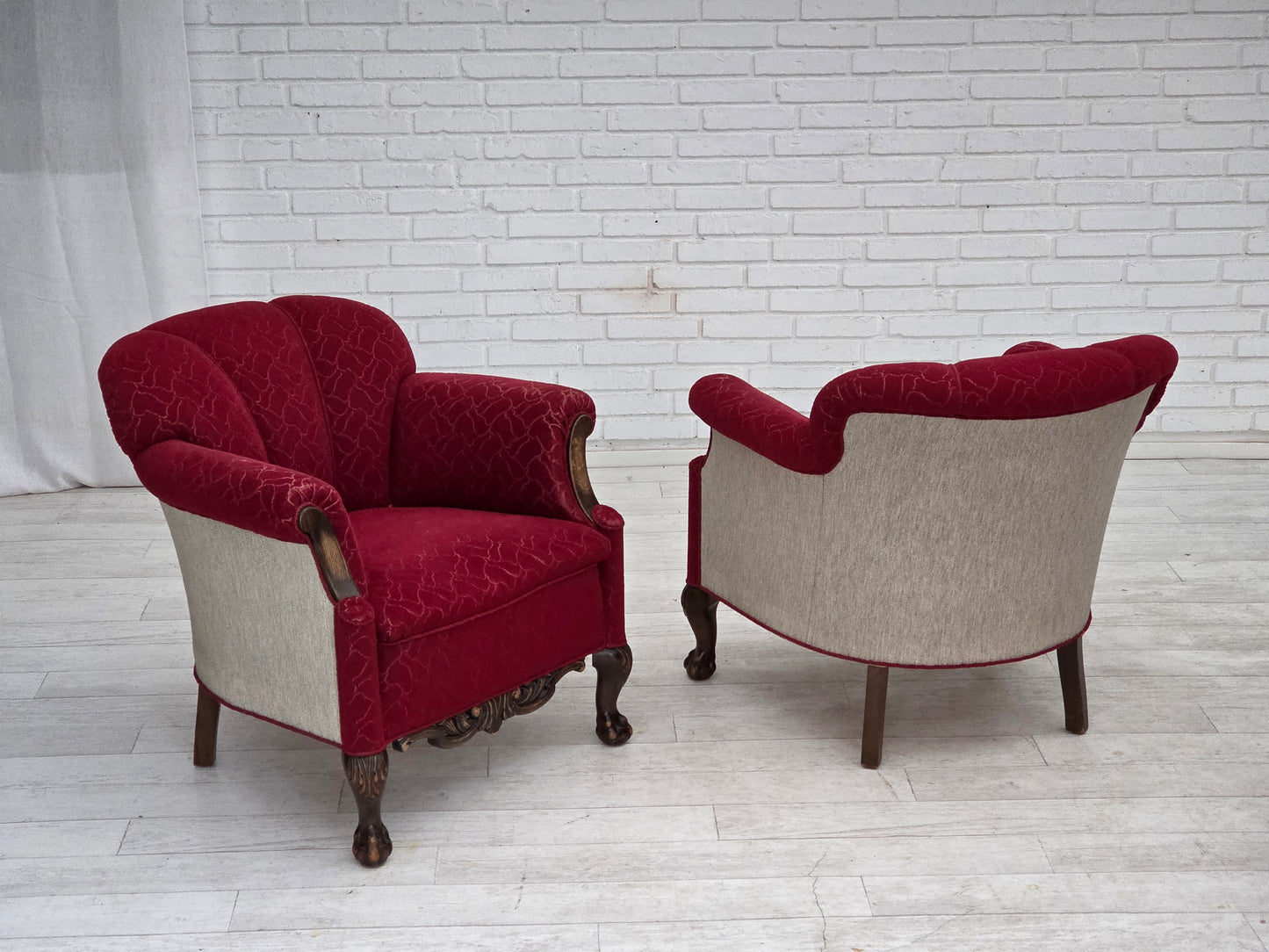 1950s, Danish armchair, red and light grey furniture wool, carved oak wood.