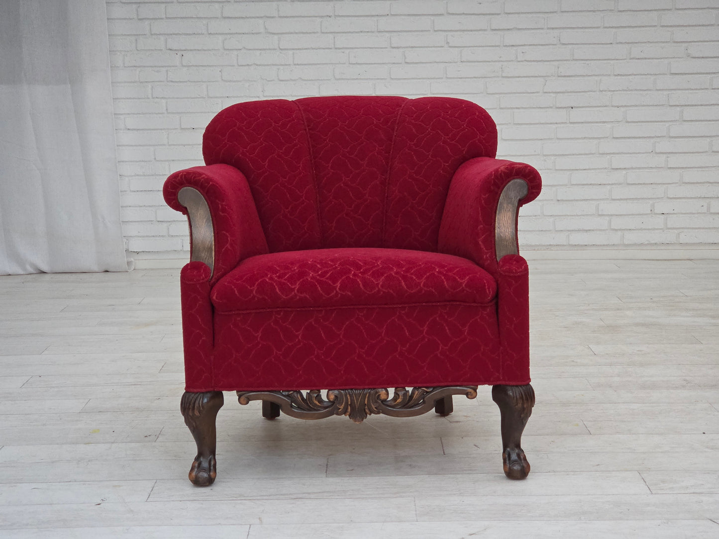 1950s, Danish armchair, red and light grey furniture wool, carved oak wood.