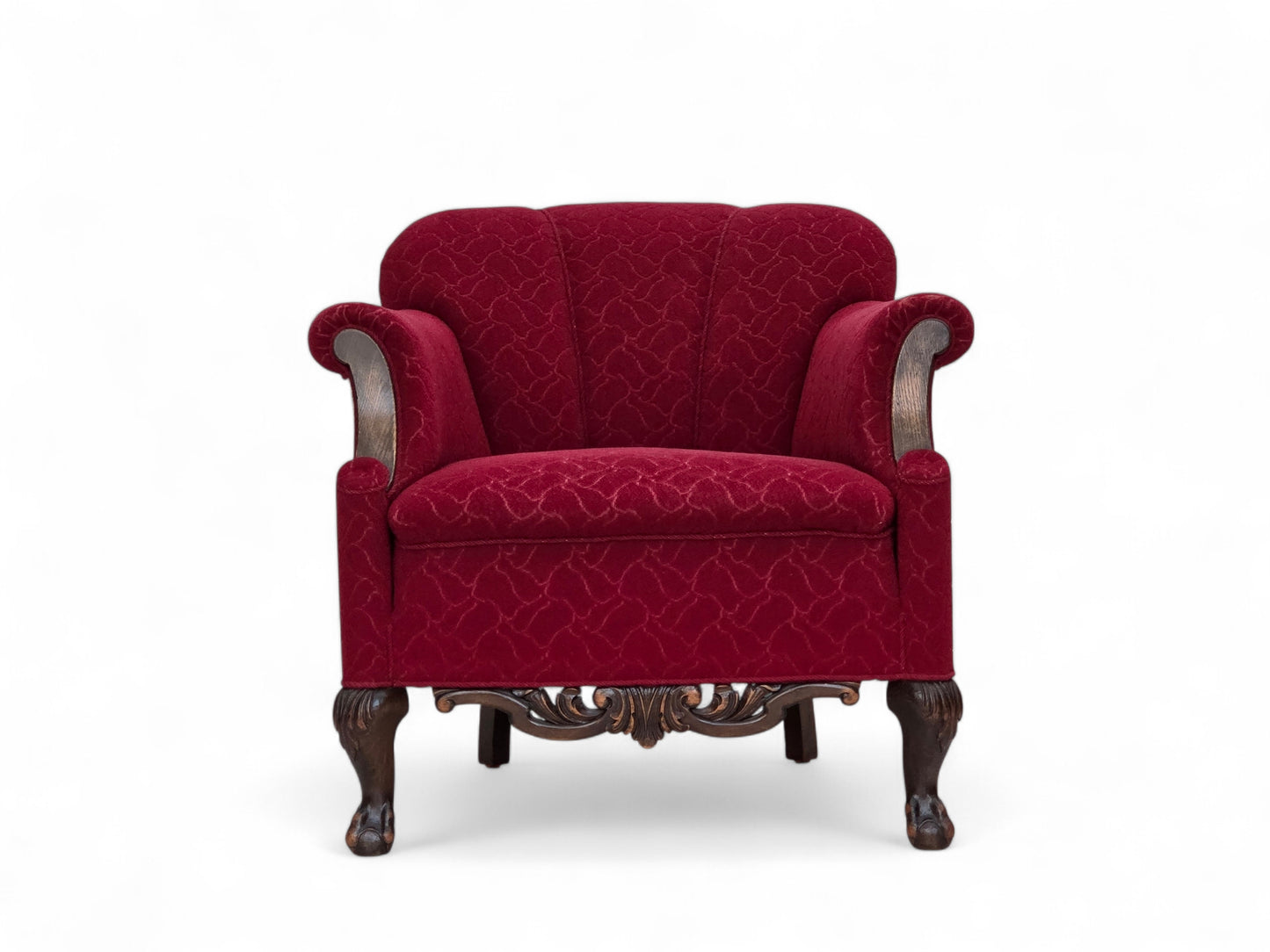 1950s, Danish armchair, red and light grey furniture wool, carved oak wood.
