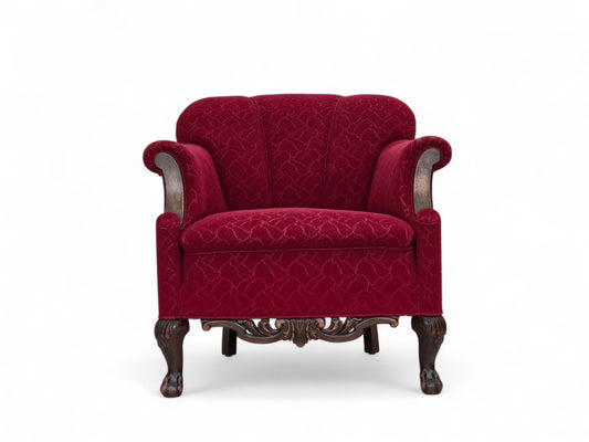 1950s, Danish armchair, red and light grey furniture wool, carved oak wood.