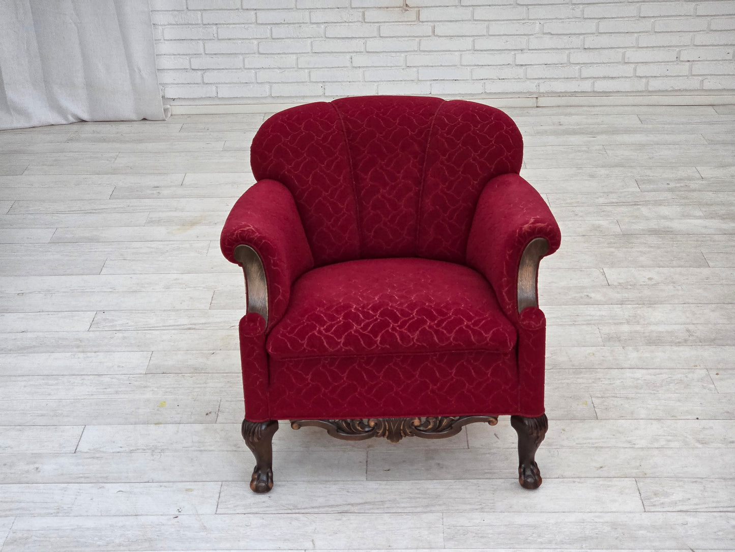 1950s, Danish armchair, red and light grey furniture wool, carved oak wood.