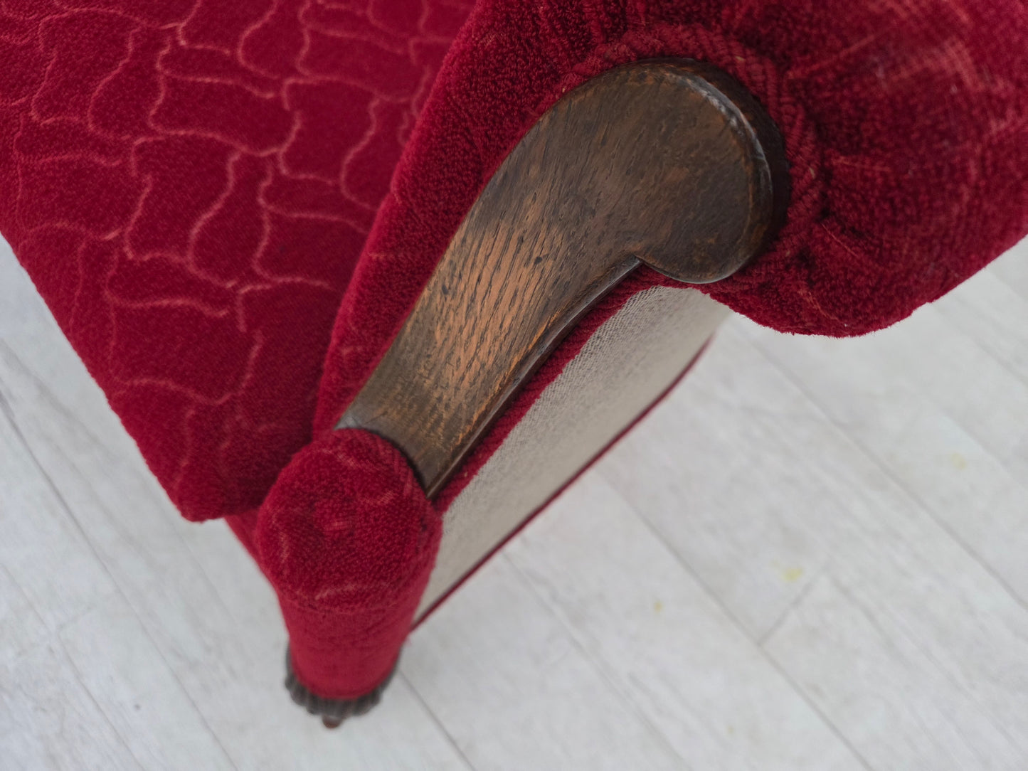 1950s, Danish armchair, red and light grey furniture wool, carved oak wood.