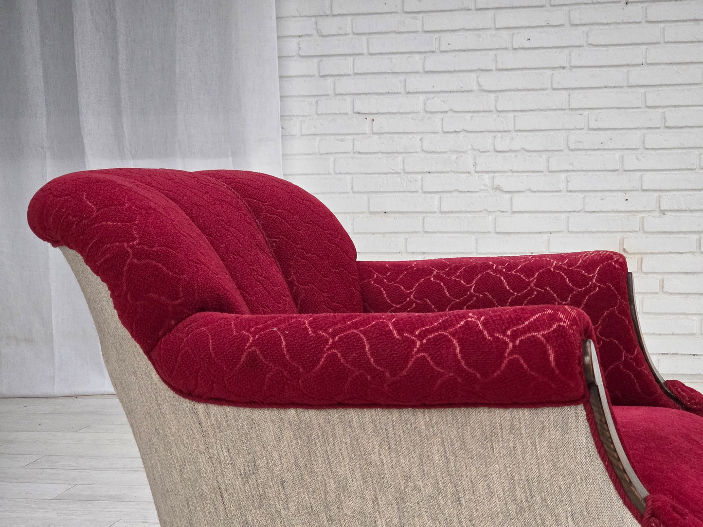 1950s, Danish armchair, red and light grey furniture wool, carved oak wood.