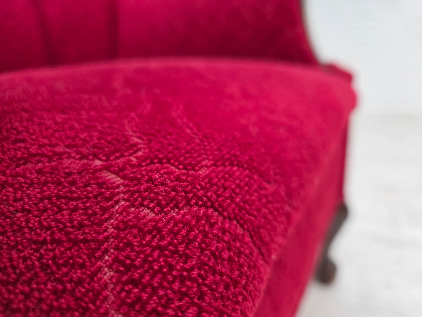 1950s, Danish armchair, red and light grey furniture wool, carved oak wood.