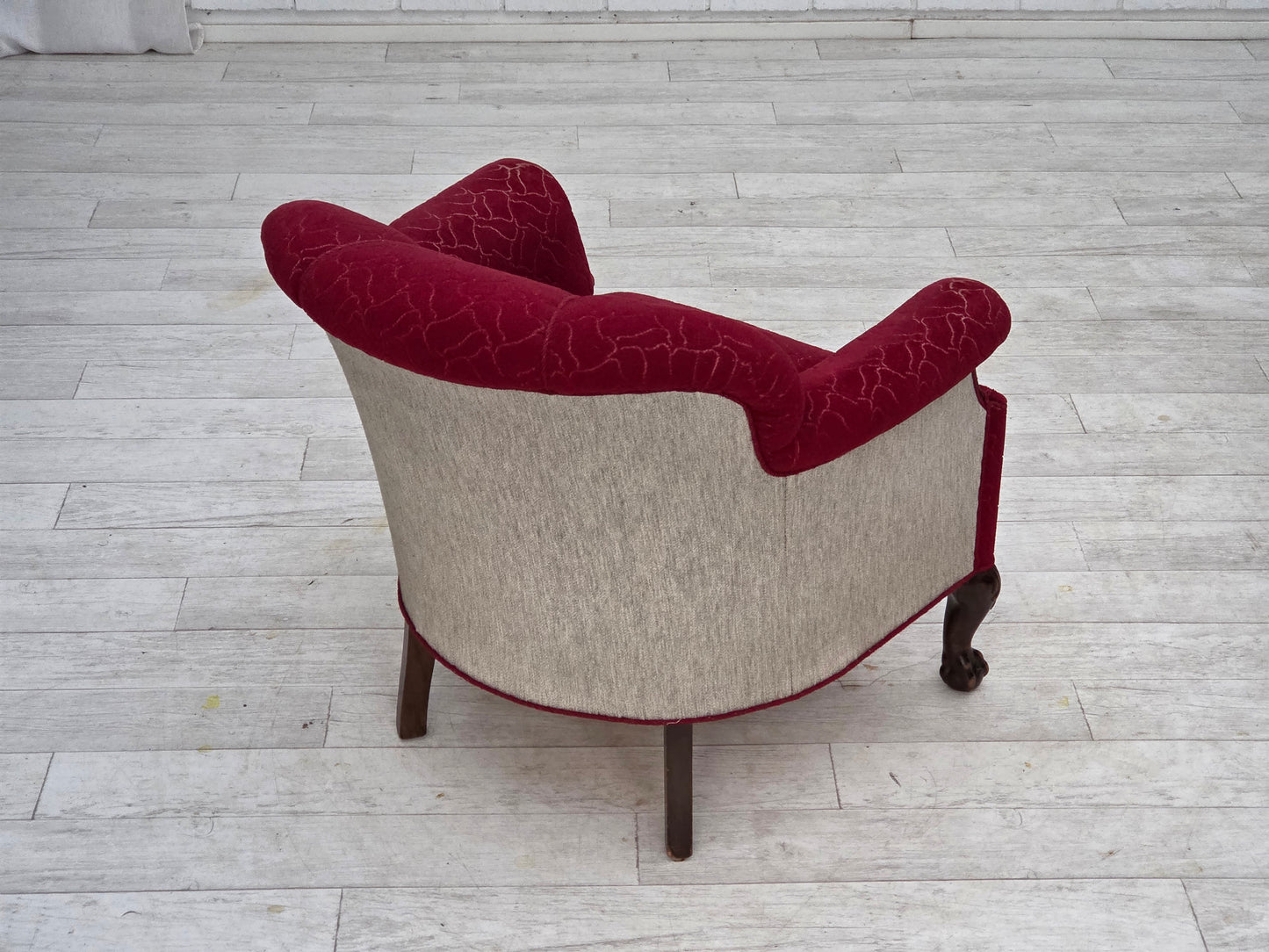 1950s, Danish armchair, red and light grey furniture wool, carved oak wood.