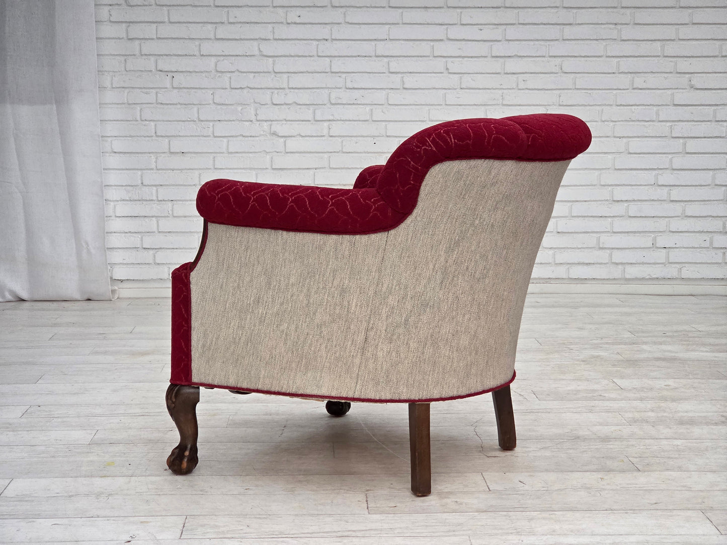 1950s, Danish armchair, red and light grey furniture wool, carved oak wood.